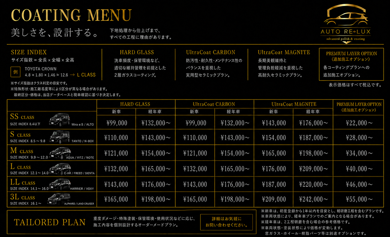 AUTO RE→LUX コーティング料金表